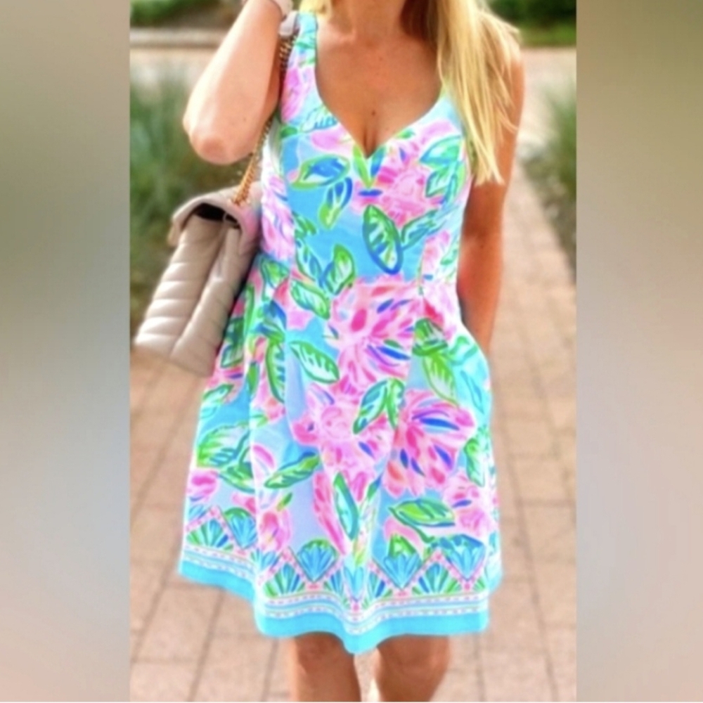 Lilly Pulitzer Pink, Blue & Green Floral V-Neck Sundress